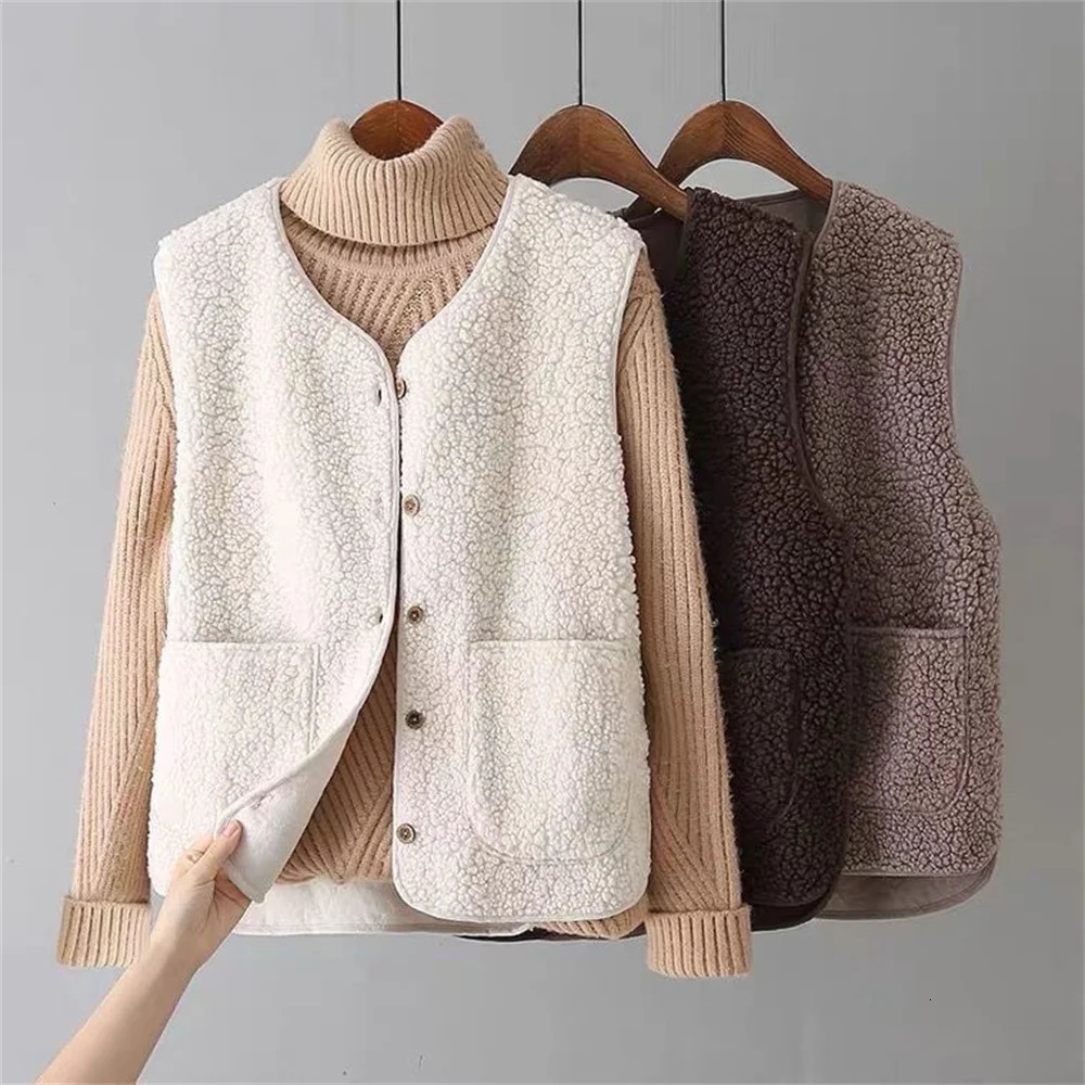 Vests Spring Autumn Women Button Waistcoat Lamb Wool Winter Thermal Warm Thick Fleece Sleeveless Jacket Ladies Coats 250825