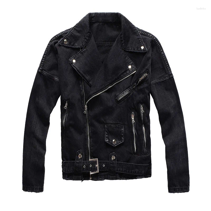 Men's Jackets Black Denim Jacket Retro Short Motorcycle Style Jeans Coat Lapel Collar Zipper Cowboy