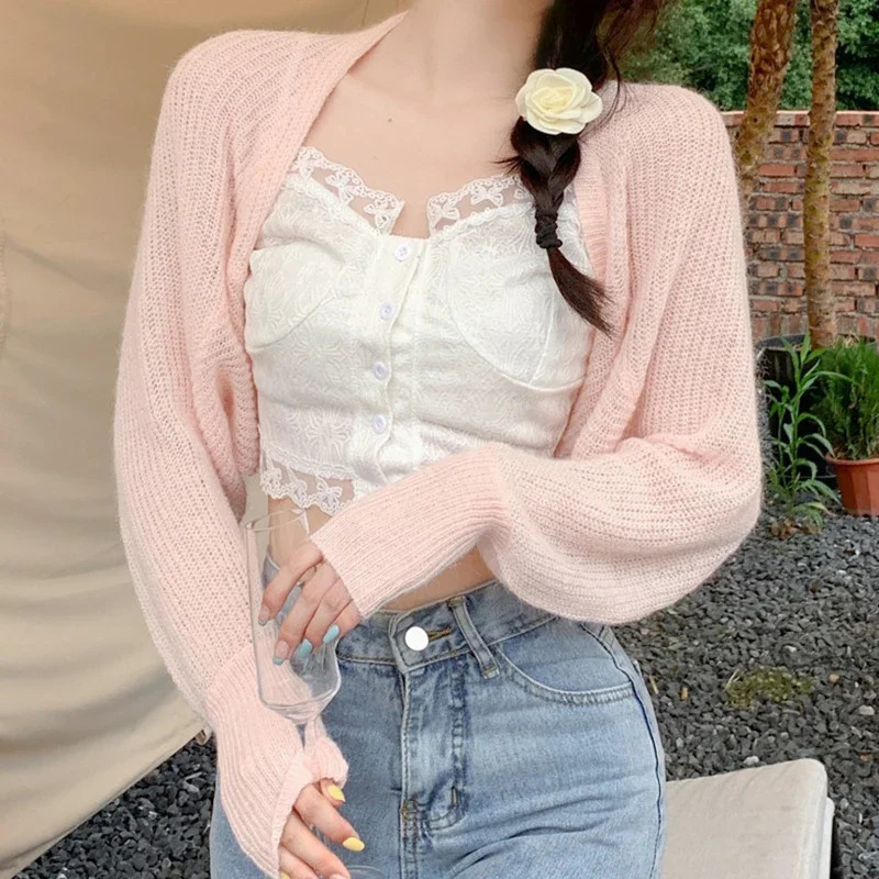 Combhasaki Womens Summer Open Front Bolero Shrug Long Sleeve Solid Color Sun Protection Transparent Knitted Cropped Cardigans 250815