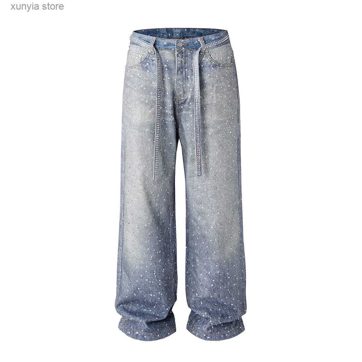 Full Rhinestone Print Washed Blue Baggy Jeans Mens and Women Mens Clothing Strtwear Solid Casual Denim Trousers Loose Cargos W250510 S250826