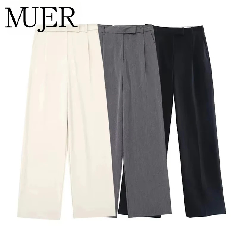 MUJER 2025 Womens Pants Beige Grey Black Wide Leg Pant High Waist Baggy Woman Fashion Summer Office Trousers 250818