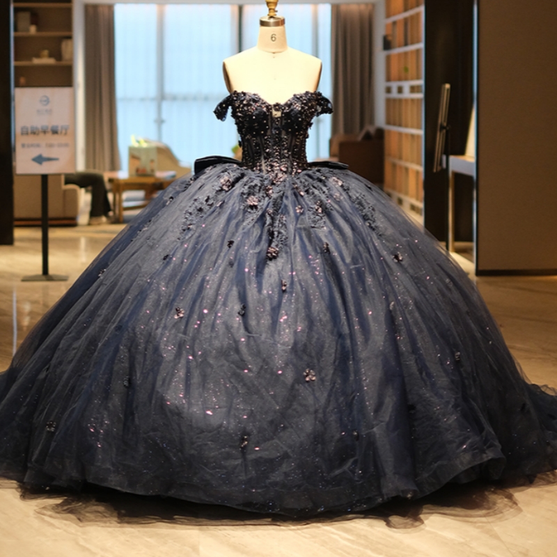 Black Shiny Princess Off the Shoulder Sweet 16 Dress Quinceanera Dresses Applique Lace Beads Tull Party Birthday Vestidos De 15 Anos