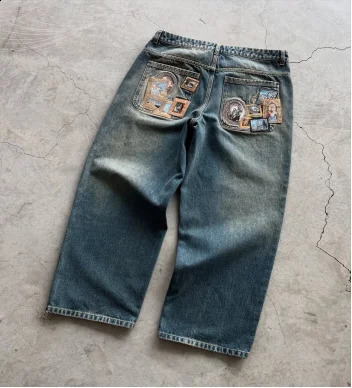 Personality embroidery men jeans Harajuku Hip hop casual straight leg pants Retro street fashion baggy jeans pocket 250826