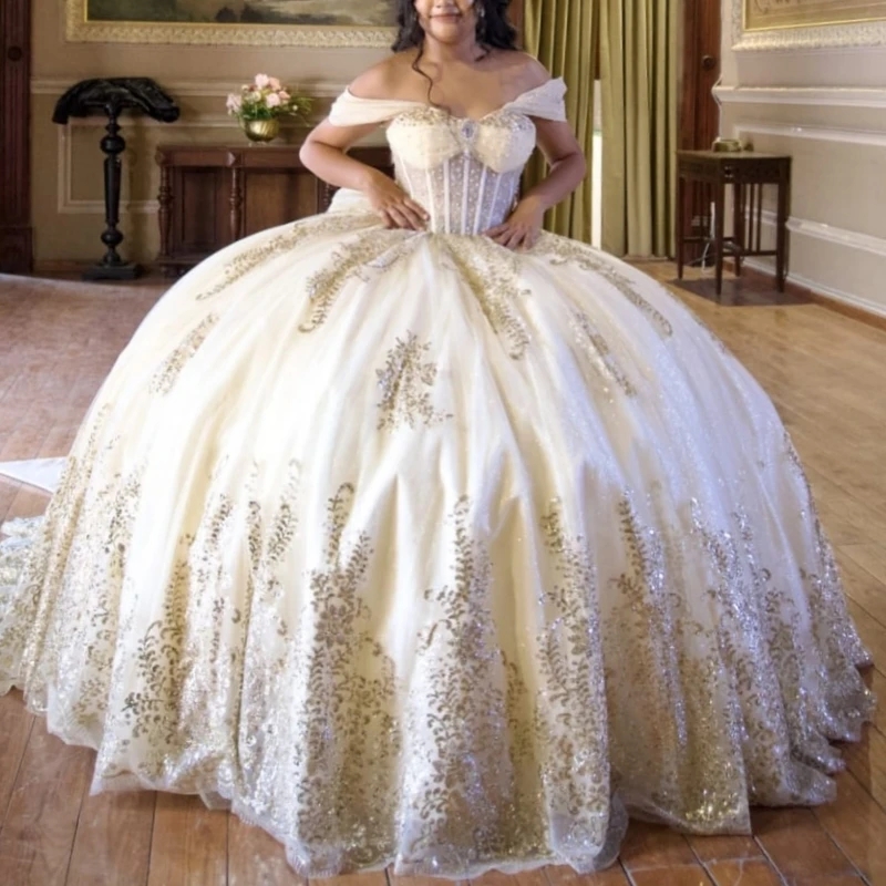 Ivory Shiny Quinceanera Dresses Ball Gown Off The Shoulder Sequin Applique Lace Bow Beads Tull Corset Party Birthday Sweet 16 Dress Vestidos 15 De A
