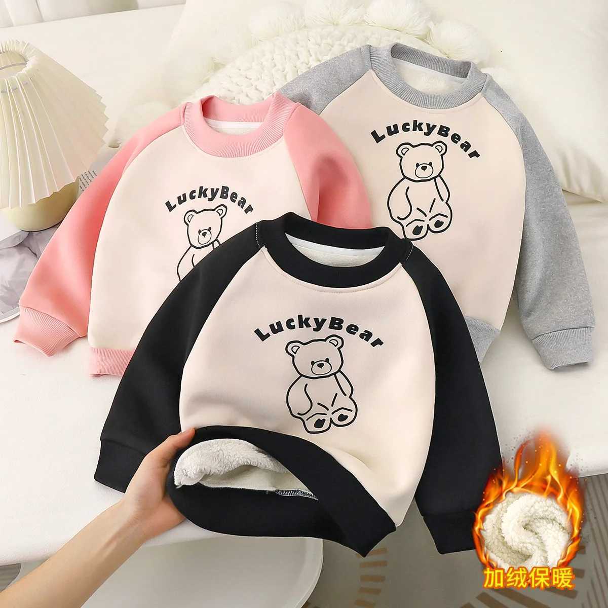 Childrens Thick Sweatshirts Boys Girls Plus Velvet Warm Pullover Autumn Winter Tops with Bottom Kids Clothes Long Sleeve Coats Z250826