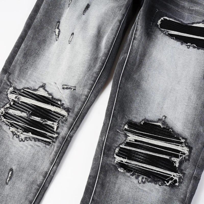 Men's Jeans High Street Fashion Men Retro Black Gray Stretch Slim Fit Patched Ripped Y2K Brand Hip Hop Denim Pants Hombre