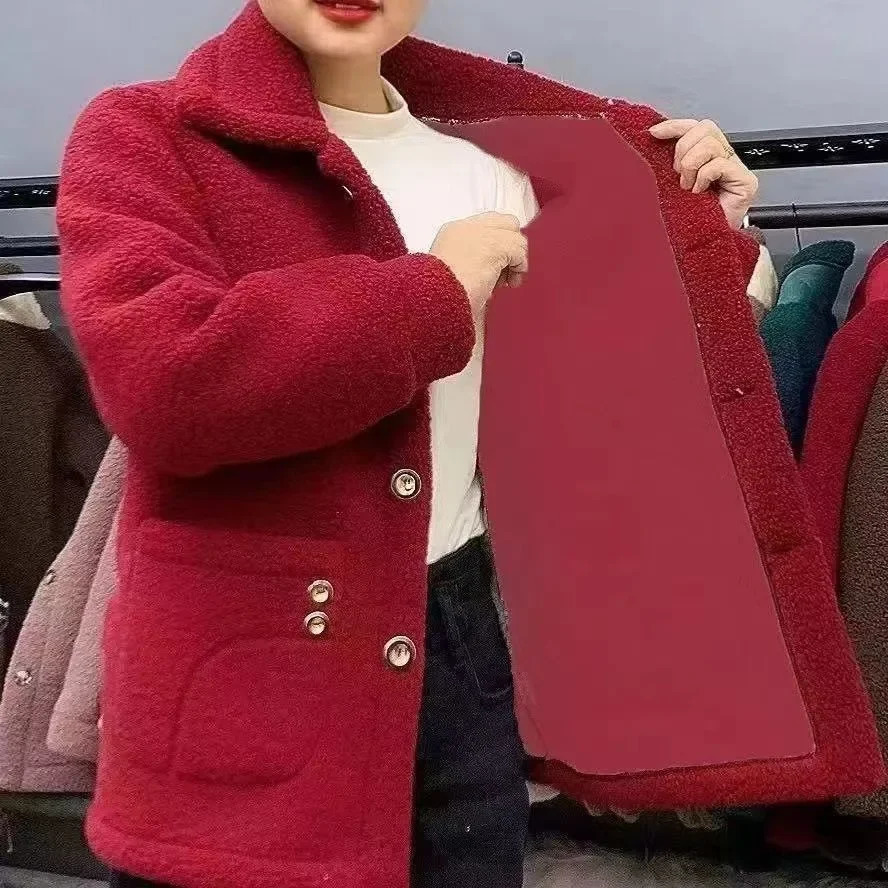 Thickened Faux Fur Jacket Womens Warm Outerwear Medium Length Mommy Style Coat Lamb Velvet Simulation Female 250825