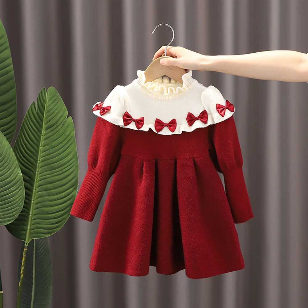 Tsute Girls Red Knitted Dress Christmas Bow Long Sleeve Aline Knit Dresses 2024 Fall Winter Kids Sweater Dress Children ClothesXJ250826