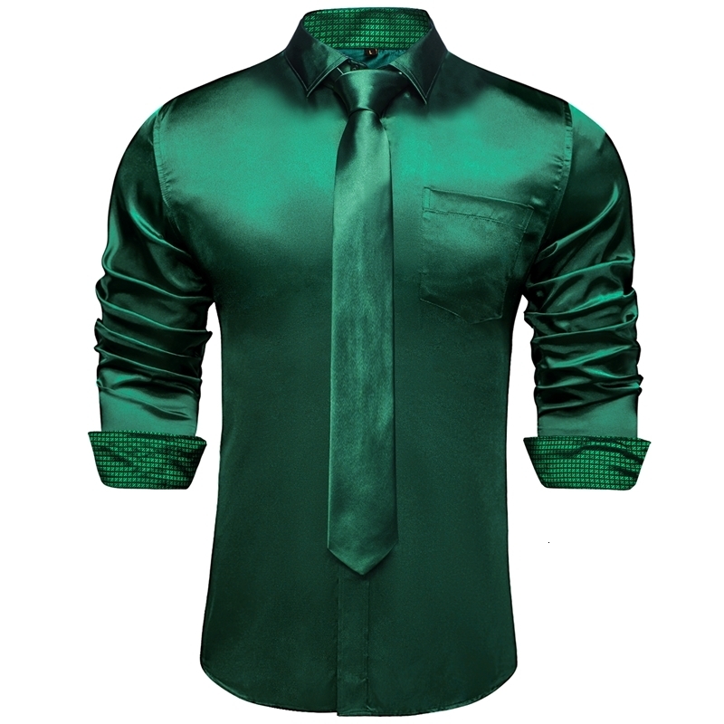 Satin Solid Men Shirts Long Sleeve Green Yellow Purple Blue Wedding Prom Slim Fit Dress Shirt with Necktie Handkerchief250825