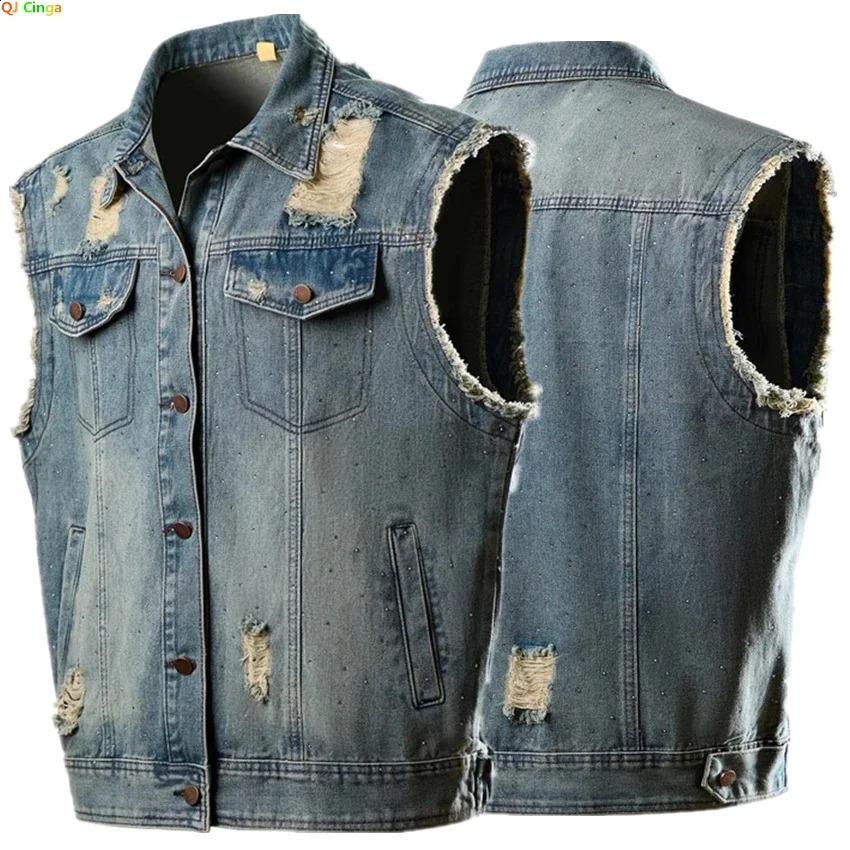 Blue Men Ripped Sleeveless Denim Jacket Single Breasted Loose Vintage Old Vest Coat 2025 250823