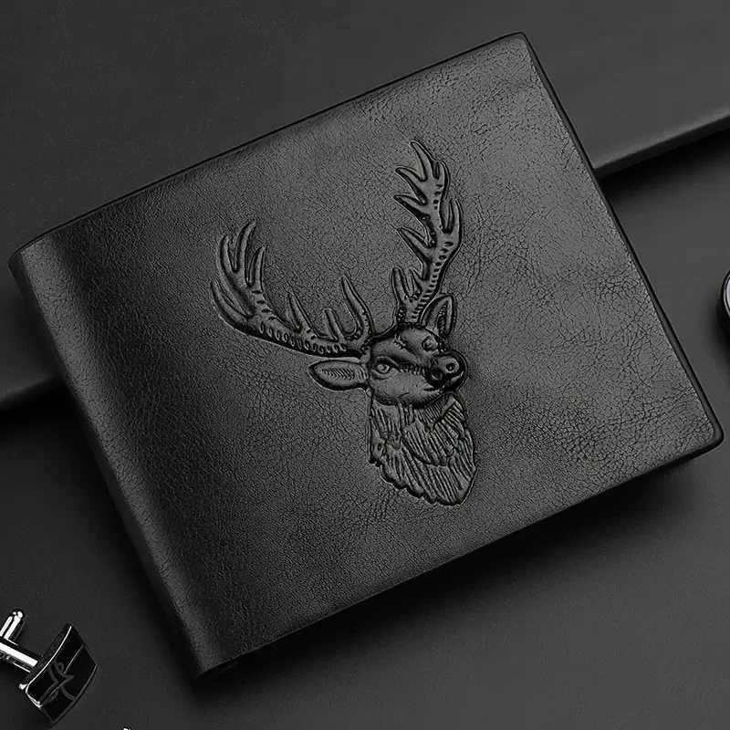 Mens Deer Head Pattern Wallet Classic 3D Embossed Design Make Threefold Multiple Card Slots Leather Wallet W250826