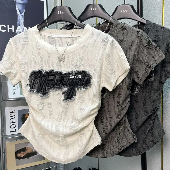 American tie Neck Tiedye Patch Short Sleeve Tshirt Womens Summer n Sense Pinch Pleated Top Ins 250825