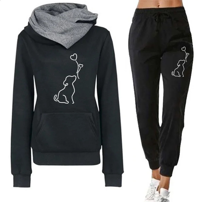 Womens Tracksuit Cute Dog Printing Irregular Collar Hoodies Single Piece Sweatshirt Sports Pants Outdoors Casual Woman Clothing 250826