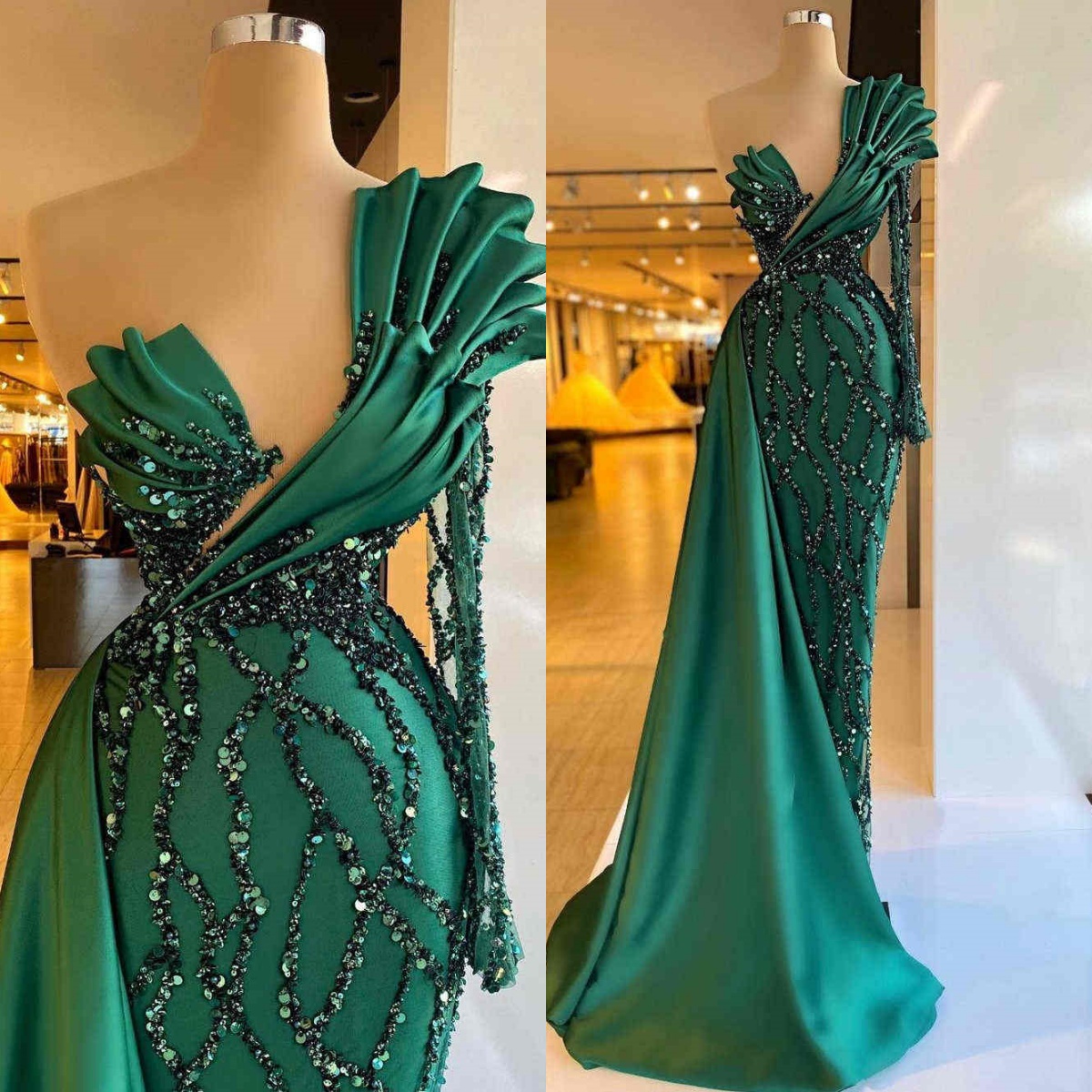 Gorgeous One Shoulder Long Sleeves Evening Dresses Pleat Sequins Beading Tailing Mermaid Prom Gowns Special Occasion Customized