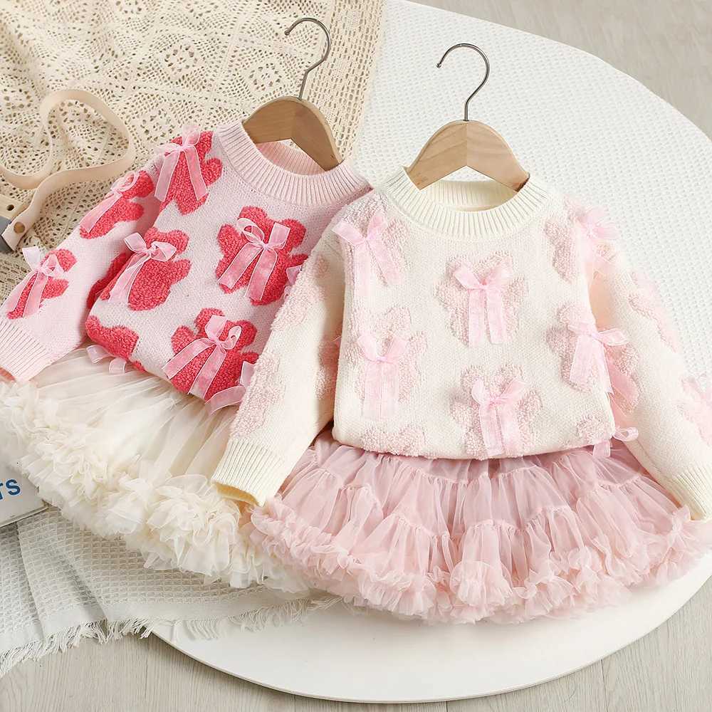 2PCS MILANCEL Autumn Kids Outfit Set 9M-5T Sweet Bear Bow Girls Knitted Sweater and Mesh Skirt Korean Loose Childrens Clothing XJ250815