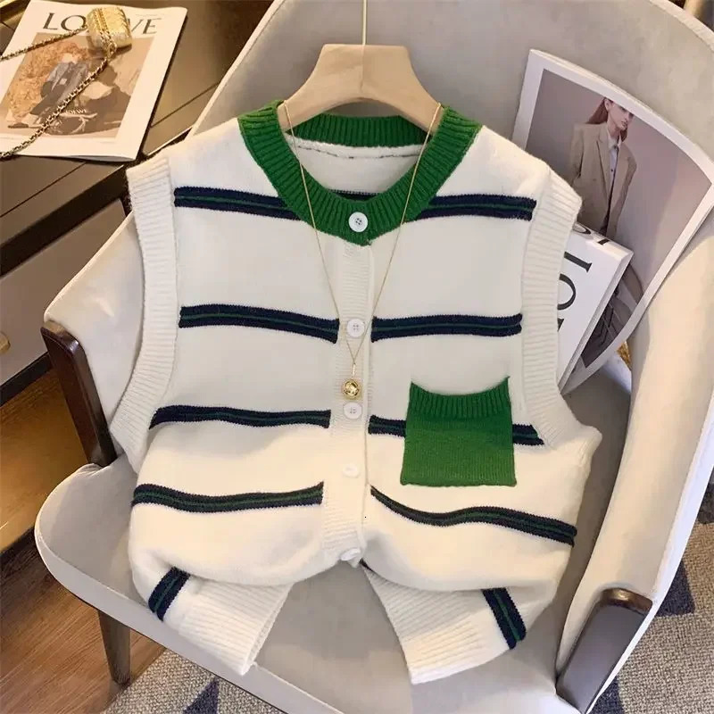 Colored round neck cardigan sweater vest for women spring and autumn casual camisole striped knit female tops 250825