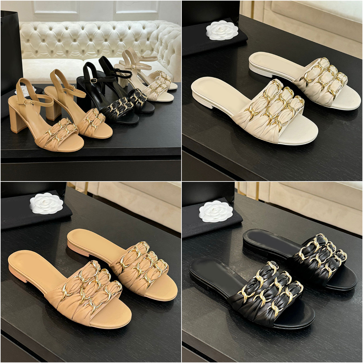 Designer slides slippers chain sandals designer womens heels summer shoes flats mules beach sandals luxury slipper open toes chunky heels shoes dres