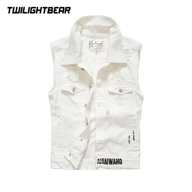 White Mens Denim Vest Biker Sleeveless Jacket Coat 5XL Vintage Hole Steetwear Casual Vest Men Waistcoat Clothing A2F1002 250823