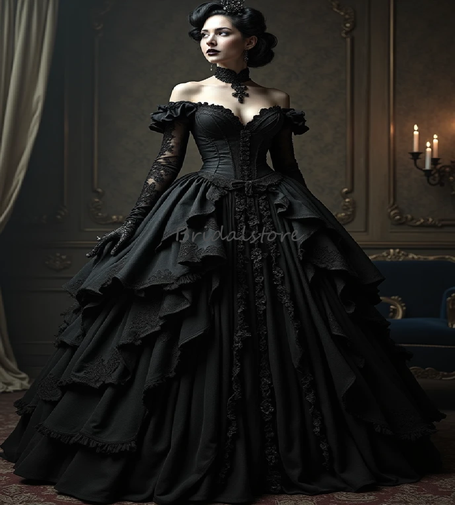 Vintage Victorian Gothic Prom Dress Tiered Ruffles Vampire Costume Medieval Renaissance Evening Dress Formal Vestios De Novia 2025 Steampunk Special
