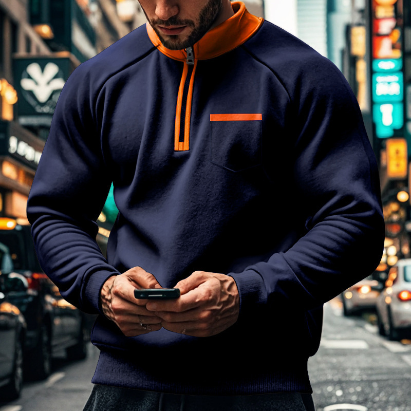 Autumn Winter Stand Collar Half Zipper Color Block Pocket Fleece Loose Fit Men's Hoodie t shirt High-end Feel Top
