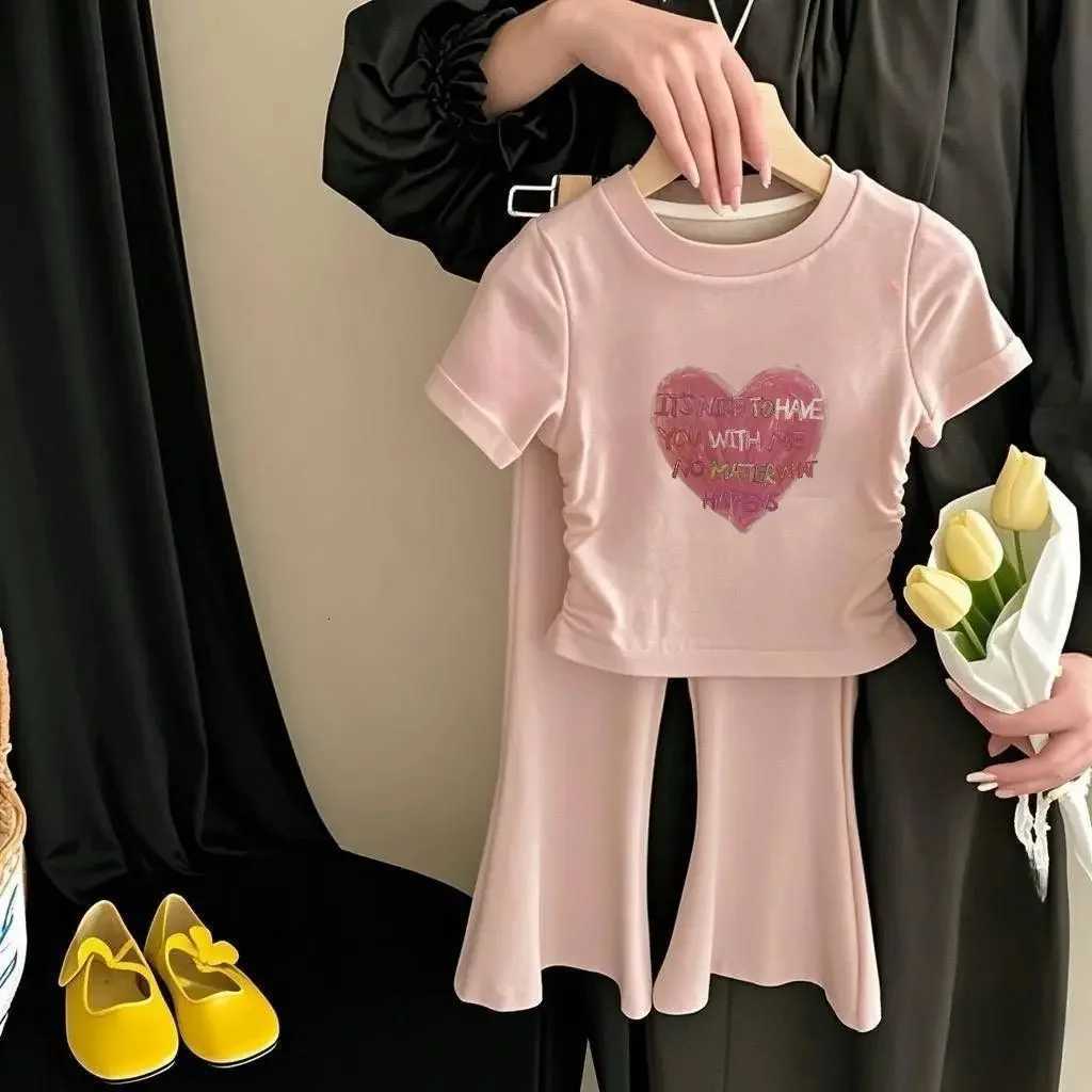 Childrens Sets Girls Summer Sweetheart Print Blouse Set - Waist-Cinching Top + Flared Pants Two Piece Set XJ250815