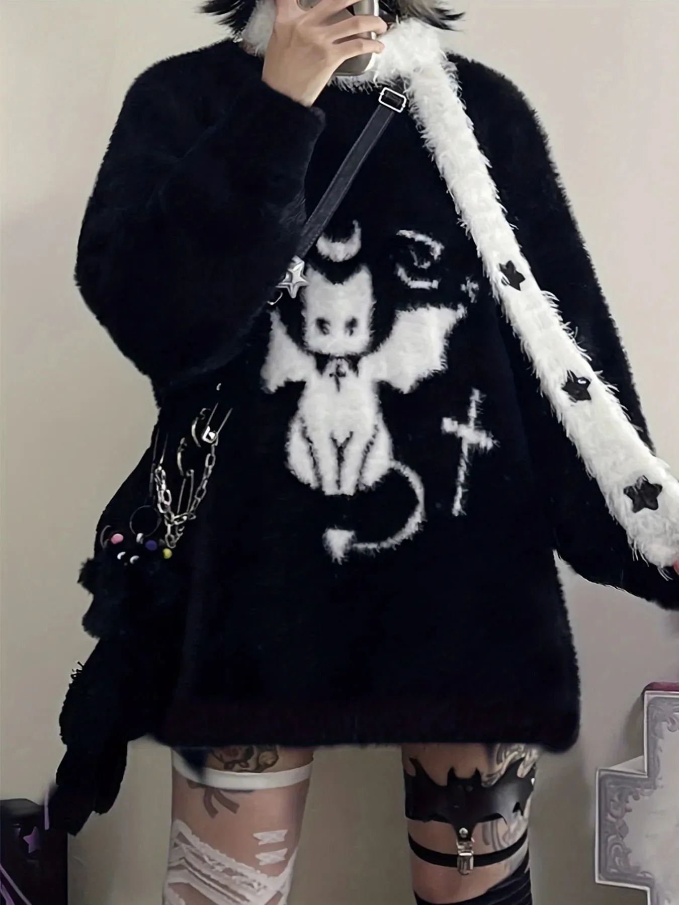 Harajuku Gothic Casual Oversized Knitted Jumpers Grunge Cartoon Sweater Fashion Knitwear Y2k Aesthetic Balack Loose Pullover250825