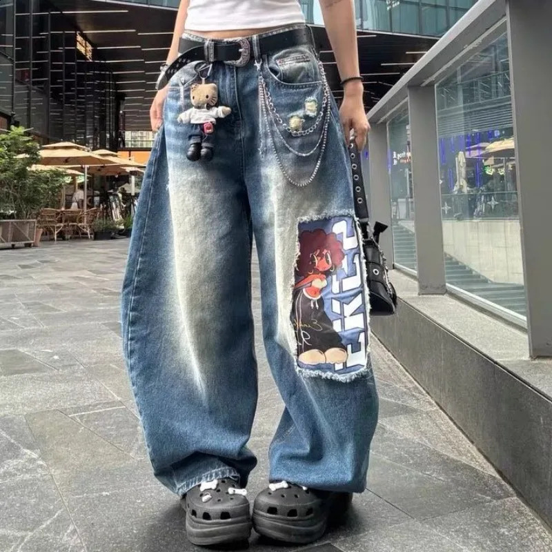 American Retro Cartoon Patchwork Washed Denim Pants Women Y2K Street Punk HipHop Loose Casual Autumn Fashion WideLeg Jeans 250826