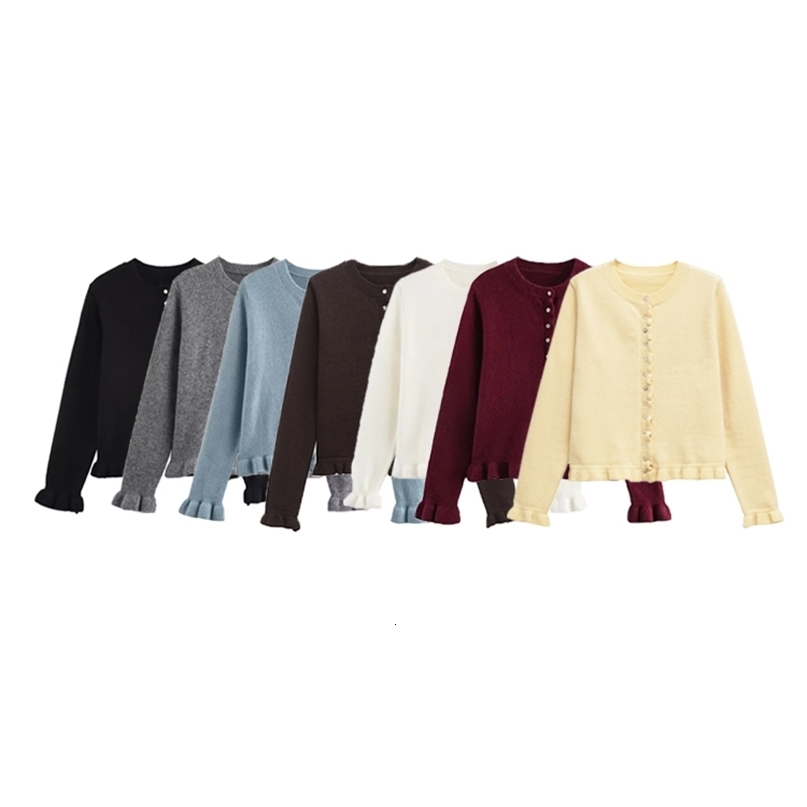 TRZA Womens Ruffled Knit Cardigan Sweater ONeck Long Sleeve Chic Top with Front Buttons Fashion Outerwear250825