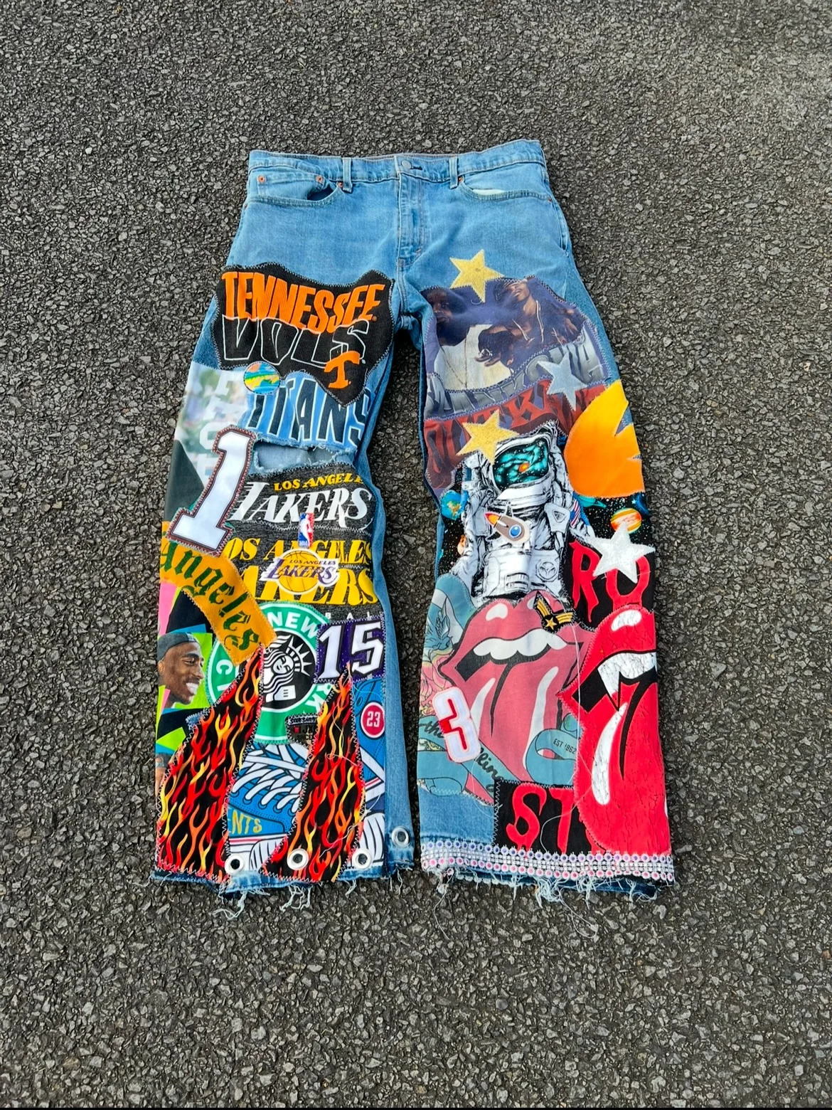 Street Style Vintage Pop Culture Patchwork Jeans Mens Womens Blue Distressed Baggy Jeans Mid Rise Casual Wide Leg Trousers 250826