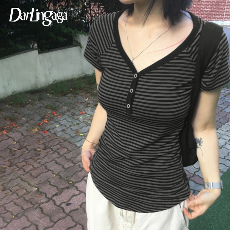 Darlingaga Korean Fashion Striped VNeck With Buttons Slimming Tshirts Womens Summer Short Sleeve Top Tees Y2K Aesthetics 250826