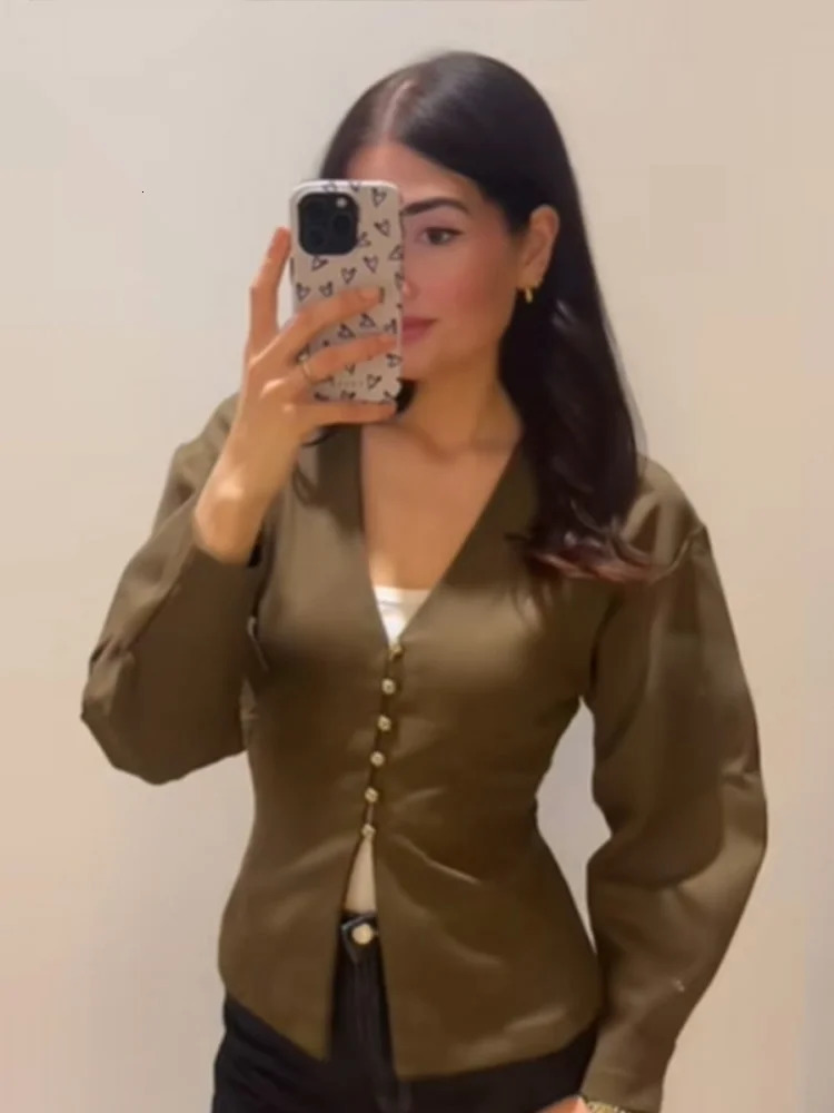 Womens Vneck Knitted Short Top Fashionable Single Button Long Sleeve Sweaters Elegant Ladies Office Daily Outerwears 250825