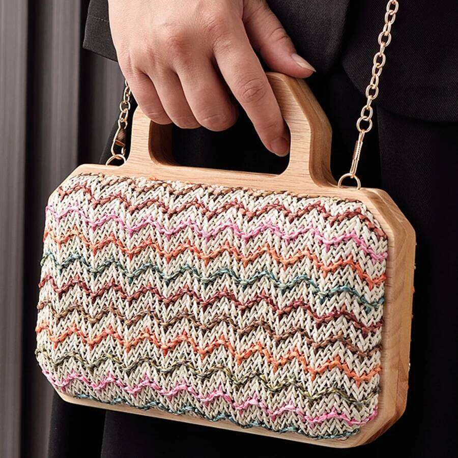 Designer Bags Summer Wooden Handle Woven Straw Women Top-Handle Bag Panelled Magnetic Clip Handbags Metal Chain Cross Body Beach Bags Sac Luxury Bag