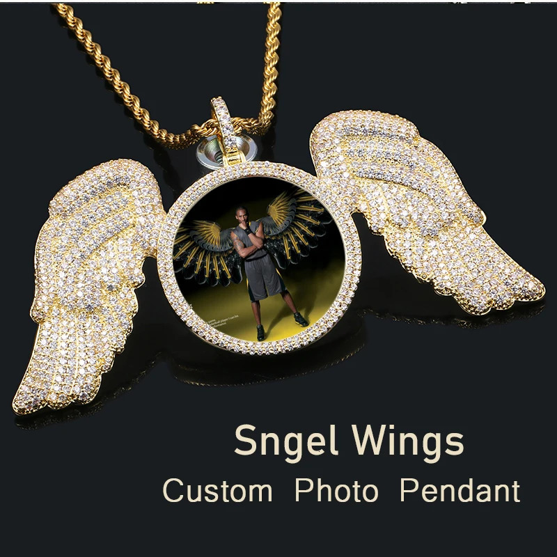 Angel Wings Medallions Custom Po Pendant Necklace For Men Hip Hop Jewelry Iced Out Pendant Custom Engraved Name Memory Gift250821