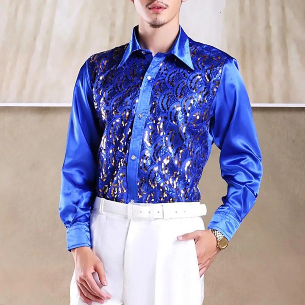 Men Sequins Shirt Adult Lapel Long Sleeved Dance Performance Shirt Costume Wedding Stage Shirt Slim Fit Casual Men Shirts Tops250825