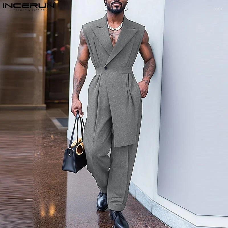Men's Pants Men Jumpsuits Solid Color Lapel Sleeveless Streetwear Pleated Irregular Overalls Loose 2025 Fashion Casual Rompers INCERUN