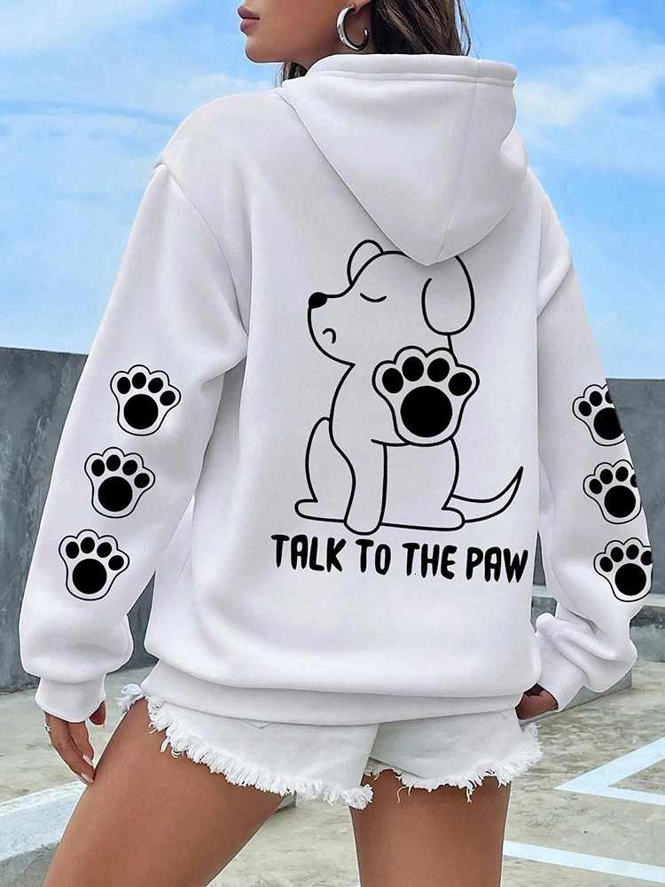 Talk To The Paw Funny Dog Cartoon Print Hoodie Women Warm Fleece Hoody Fashion Casual Hooded Autumn Loose Round Neck Woman Tops250825