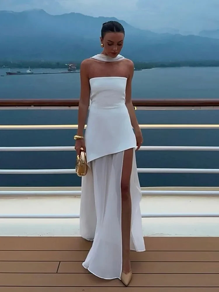 Fashion Strapless Ribbon Mesh Patchwork Maxi Dress Elegant Sleeveless Backless Vacation Long Robes 2025 Women Beach Dresses250825