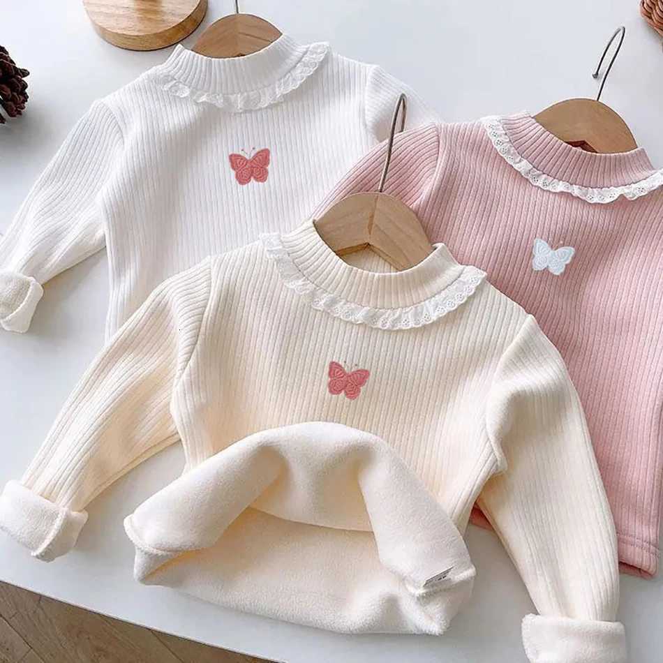 Cozy and Chic Autumn and Winter Girls Plush Lined Long Sleeves TShirts Girls Comfortable and Versatile Butterfly Print TShirts Z250826