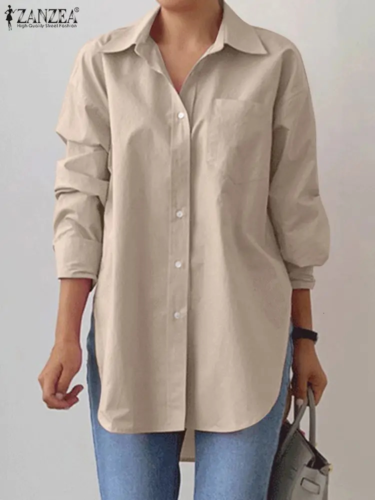 ZANZEA Spring Elegant Blouse Stylish Women Lapel Neck Long Sleeve Shirt Loose Solid Split Hem Tops Oversize OL Work Blusas250825