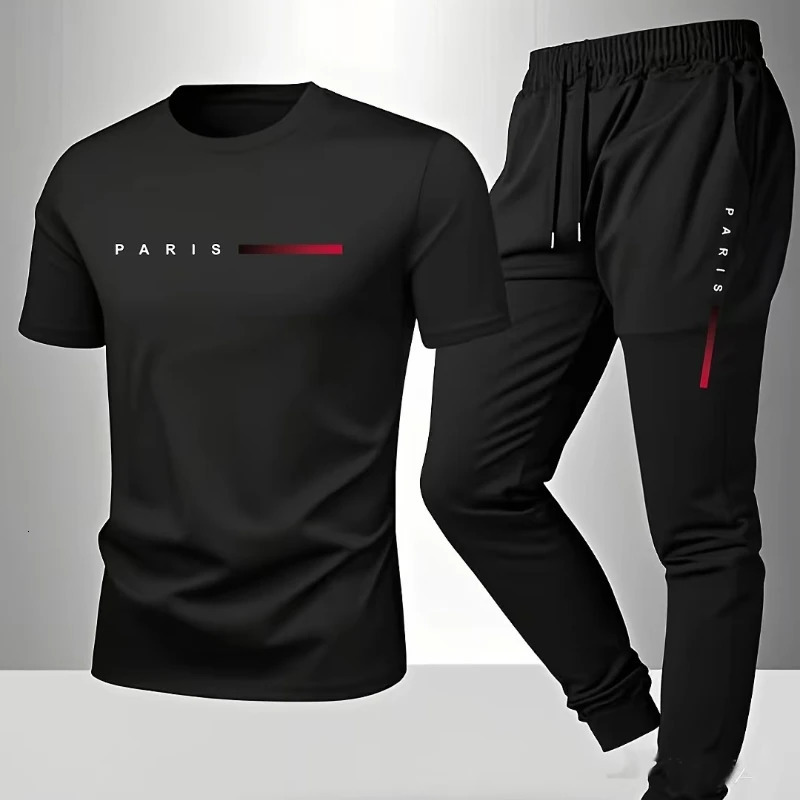 PARIS Men s casual suit spring and summer style letter print American trend sports fashion short sleeved pants twopiece set250826