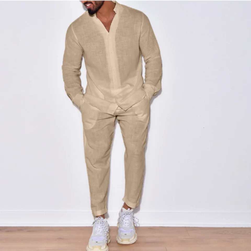 Autumn mens fashion casual linen suit long sleeve overalls single breasted solid color button suit250826