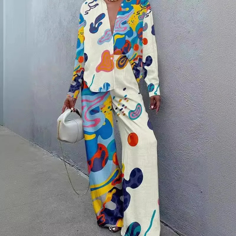 Womens Single Breasted Lapel Short Sleeve Top And Wide Leg Trousers Set Print Shirt Pants Suit Outfits 2 Pcs Sets250825