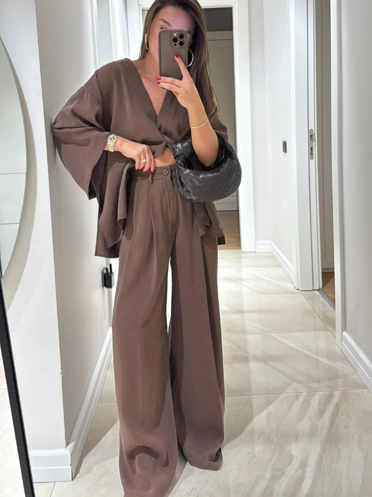 Loose Solid Cotton Linen Pants Sets Casual Buttons Half Sleeve Vneck Shirts Suits 2025 Female High Street Outfits Summer250825