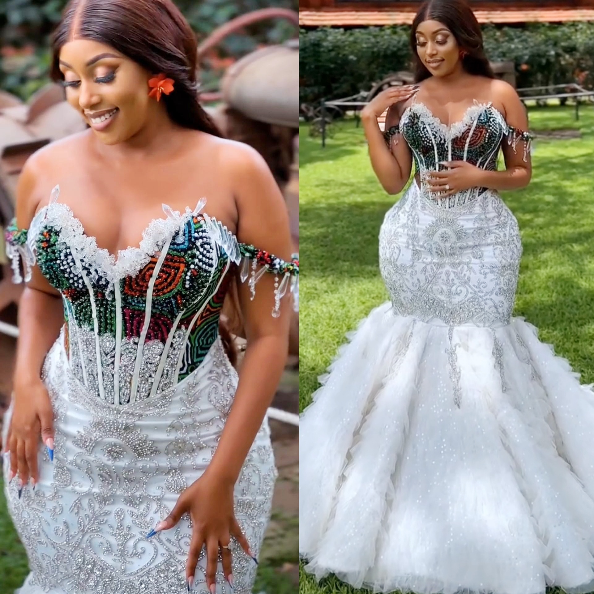2025 Aso Ebi African Ivory Mermaid Wedding Dress Tiers Beaded Crystals organza Bridal Gowns Dresses ZJ06180