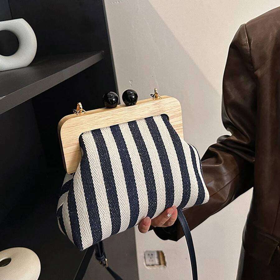 Designer Bags Summer Women's Shell Handbag Striped Canvas Wooden Clip Bead Clutch Purse Fashion Single-Shoulder Crossbody Bag Vacation Bolsa Lu
