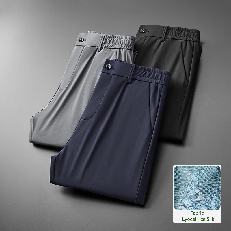 Ice Silk Mens Business Casual Pants 2025 Summer Thin Straight Suit Trousers Work All Match Elastic Waist Soft Ice Silk Pant250825