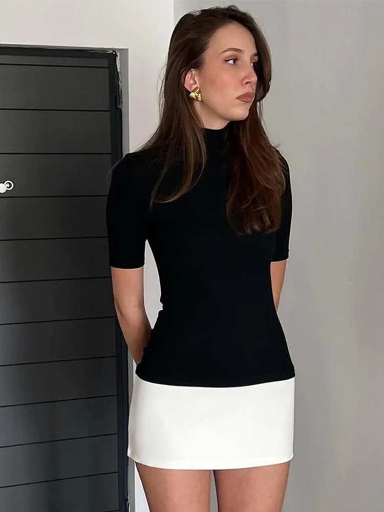 Summer Turtleneck Half Sleeve Mini Dresses French Style Fashion Elegant Black And White Patchwork Bodycon Dress 250825