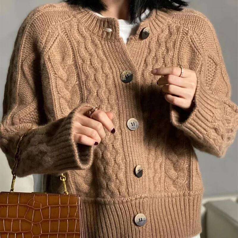Women's Trench Coats Fall Winter New Style 100% Pure Wool Sweater Cashmere Cardigan Women Loose Lazy O-Neck Twist Cardigans Thick Warm Knitted