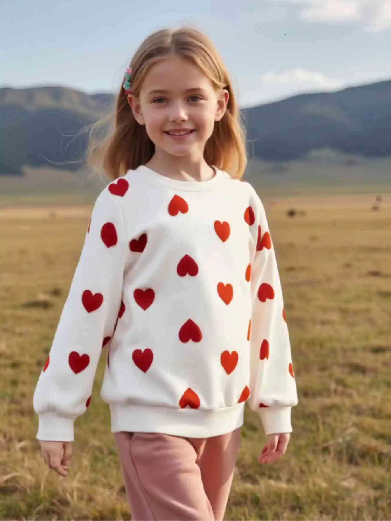 Spring and Autumn Childrens Hoodie Girls Solid Color Full Print Love Pullover Long Sleeve Casual Comfortable Lovely Shirt Z250826