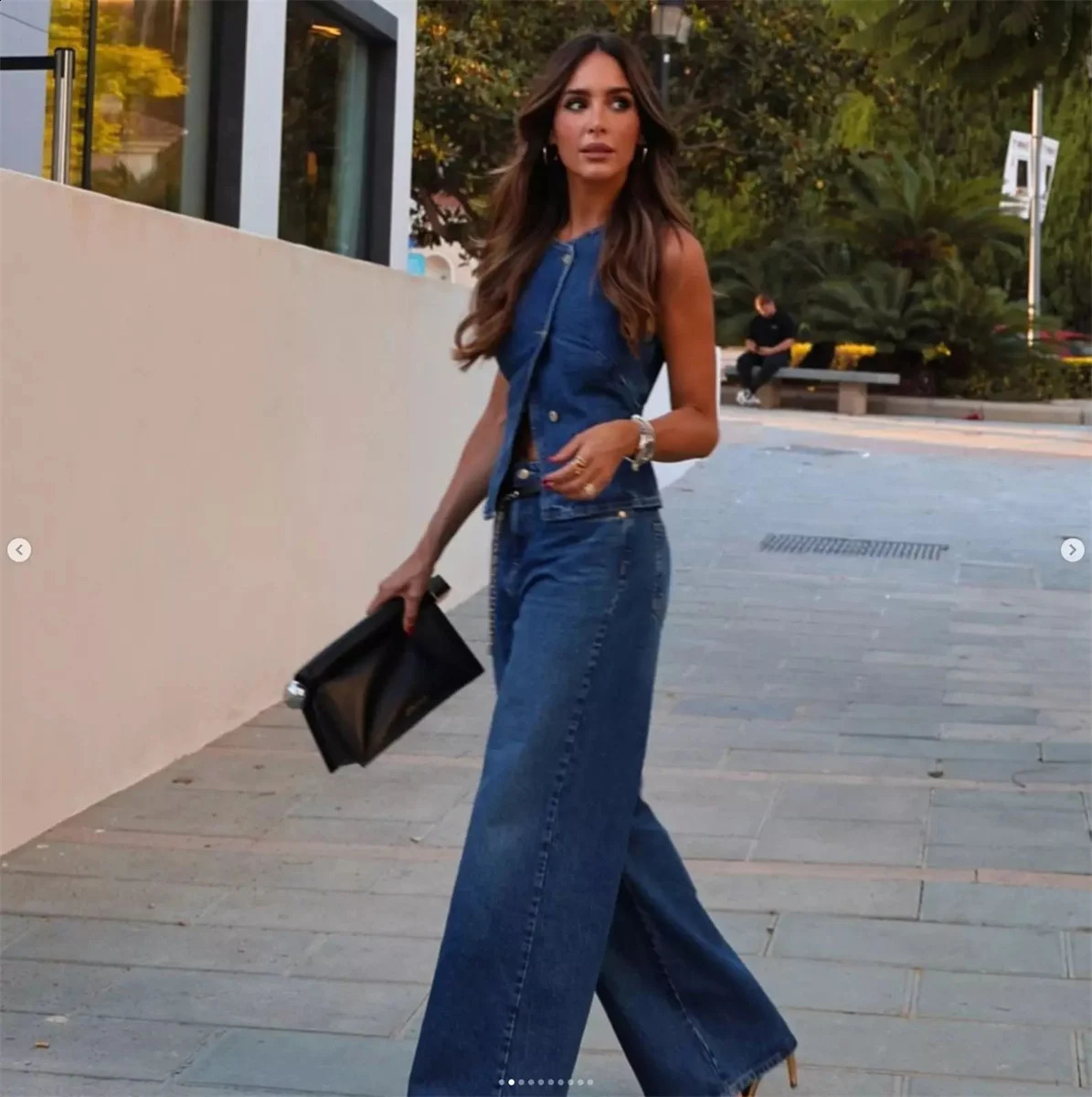 Elegant Womens Suits Denim Sleeveless Irregular Short Vest Wide Legs Long Jeans Spring Summer Fashion Ladies Pants Sets 250826